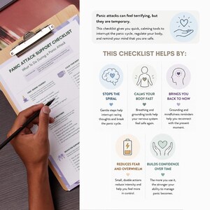 Puede incluir: Una lista de control en papel blanco titulada Panic Attack Support Checklist con texto e iconos negros. El documento describe pasos para gestionar el p&aacute;nico, incluyendo secciones para recordarse, respirar y buscar apoyo, con una gu&iacute;a visual.