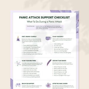 Puede incluir: Un documento blanco titulado Panic Attack Support Checklist con detalles florales morados. Enumera pasos para gestionar ataques de p&aacute;nico, incluyendo secciones para recordatorios, calmar el cuerpo, ralentizar la respiraci&oacute;n y conectar sentidos.