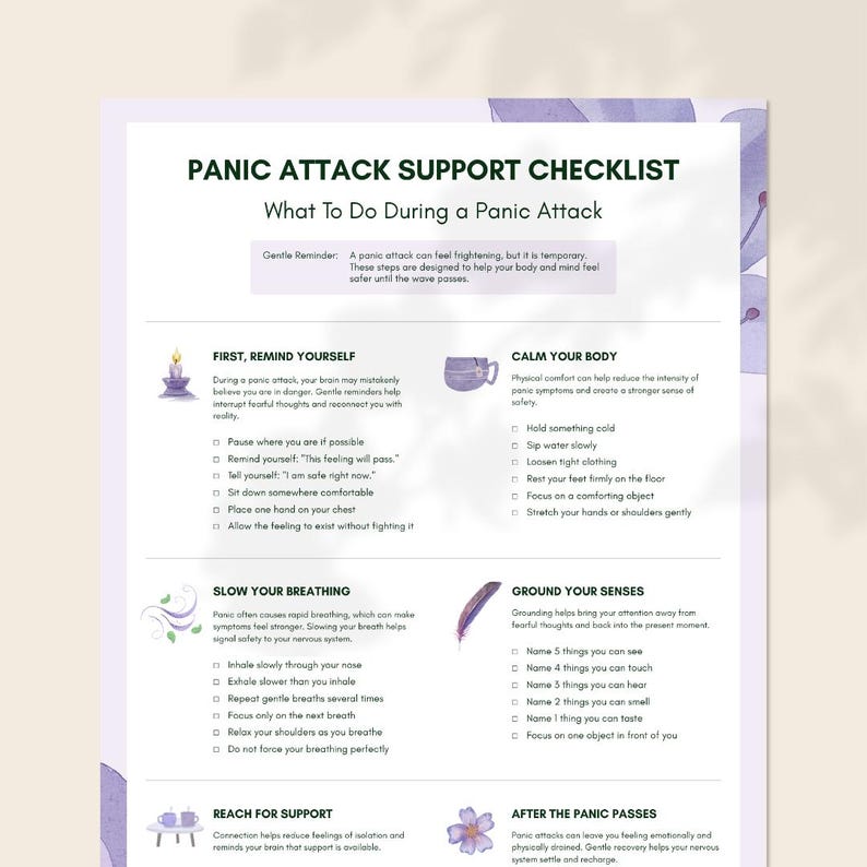 Puede incluir: Un documento blanco titulado Panic Attack Support Checklist con detalles florales morados. Enumera pasos para gestionar ataques de p&aacute;nico, incluyendo secciones para recordatorios, calmar el cuerpo, ralentizar la respiraci&oacute;n y conectar sentidos.