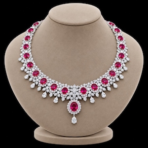 Puede incluir: Un collar de tono plateado con una piedra preciosa roja central de corte ovalado rodeada de piedras claras más pequeñas. El diseño incluye múltiples piedras rojas ovaladas en un patrón circular, con piedras claras y gotas en forma de pera.