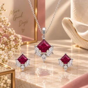 14K White Gold Ruby Diamond Pendant Set | 5.50 Ct Princess Cut (IGL Certified)
