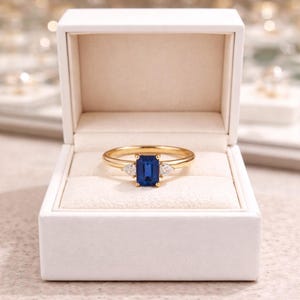 May include: A gold ring featuring a central emerald-cut blue sapphire flanked by two pear-shaped clear stones, presented inside an open white jewelry box with a cream-colored velvet interior lining and a smooth, matte exterior finish.