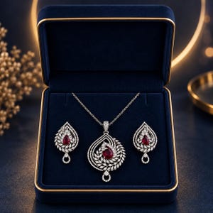 Pendant Set | Natural Ruby & Diamond | Pear Cut 6.50 Ct | 14K White Gold | IGL Certified