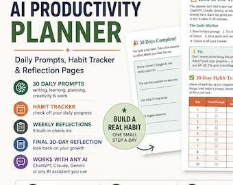 Planificador de productividad con IA de 30 días: recordatorios diarios, seguimiento de hábitos y páginas de reflexión.