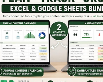 Paquete de calendario de contenido y rastreador Kanban / Plantillas de Excel para vendedores