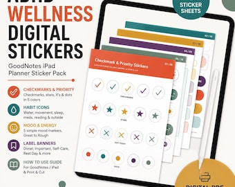 Pegatinas digitales de bienestar para el TDAH - Paquete de pegatinas del planificador de iPad GoodNotes