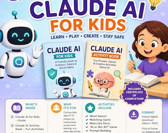 Paquete Claude AI para niños: guía de cuentos, normas de seguridad y libro de actividades.