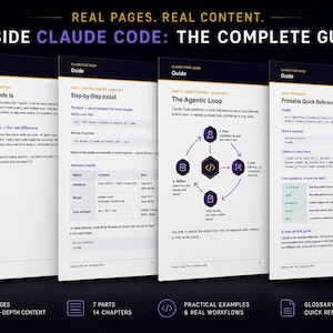 May include: A digital guide titled Inside Claude Code: The Complete Guide, featuring four displayed pages with technical text, code snippets, and a circular diagram of the agentic loop. The guide includes 18 pages, 7 parts, 14 chapters, and a reference card.