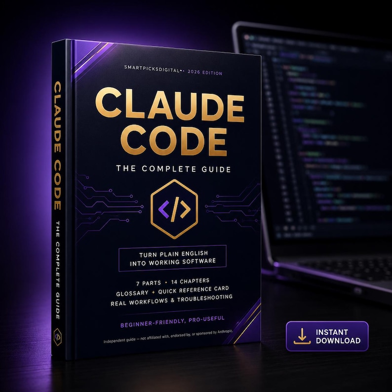 May include: A dark purple and black digital book titled CLAUDE CODE THE COMPLETE GUIDE 2026 EDITION. The cover features gold text, a central code bracket icon, and details including 7 parts, 14 chapters, a glossary, and a quick reference card.