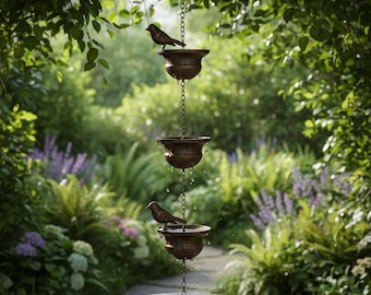 Rustic Bird Rain Chain – Weathered Metal Garden Downspout Alternative