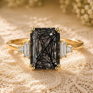 Black Rutilated Quartz Ring Emerald Cut Solitaire Engagement Ring in 925 Sterling Silver Personalized Gift for Her  Wedding Anniversary Gift