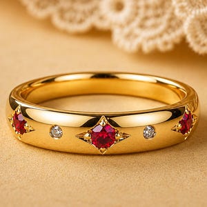 May include: A polished gold band ring featuring a repeating pattern of round, vibrant red rubies set within star-shaped prongs, alternating with small, clear, round-cut white diamonds embedded directly into the smooth, reflective gold surface.