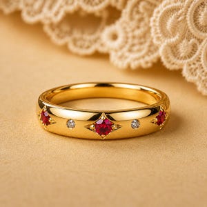 Ruby Celestial Band Ring, July Birthstone Ring, Ruby Wedding Band, Star Set Ruby Ring, Stackable Anniversary Band for Women