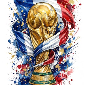 May include: Watercolor illustration of the FIFA World Cup trophy, with a gold finish, set against a backdrop of the French flag. The design includes blue, white, and red paint splatters and gold accents. The trophy is inscribed with "FIFA WORLD CUP 2026".