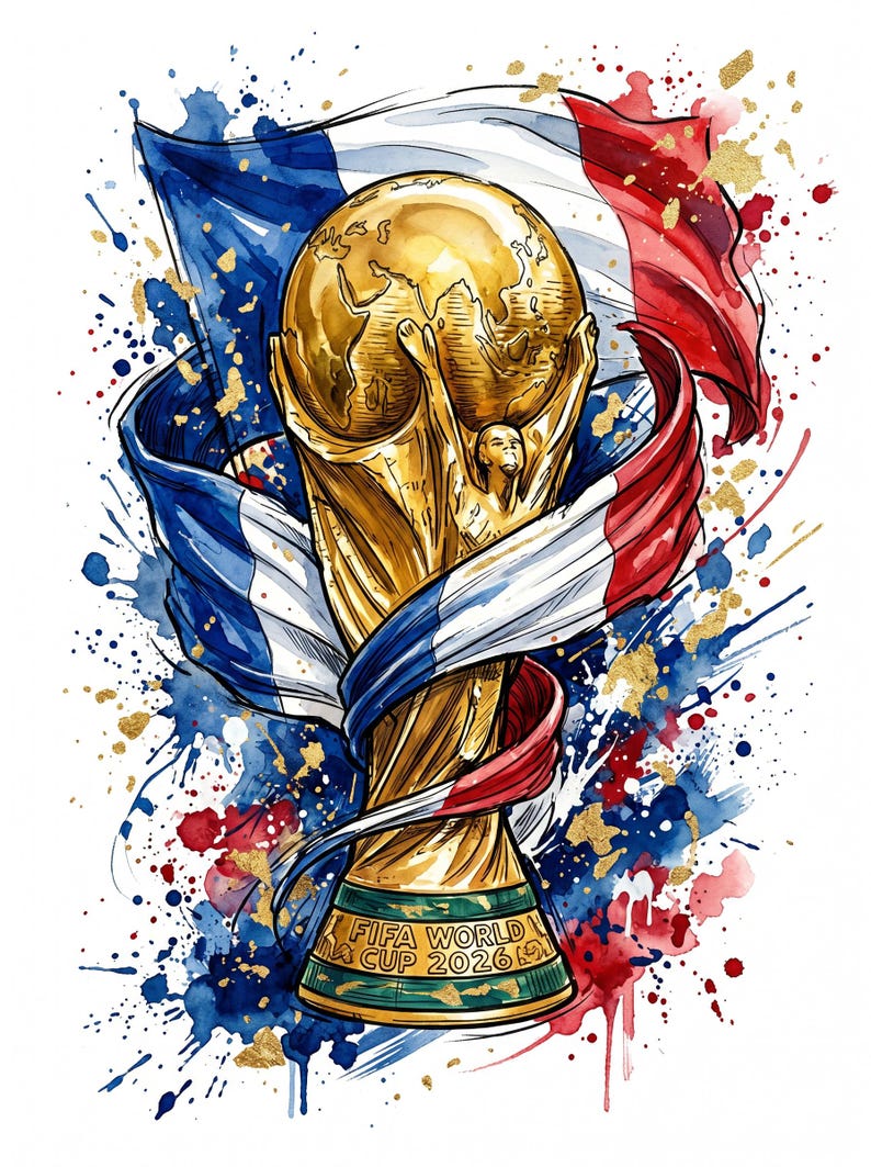 May include: Watercolor illustration of the FIFA World Cup trophy, with a gold finish, set against a backdrop of the French flag. The design includes blue, white, and red paint splatters and gold accents. The trophy is inscribed with "FIFA WORLD CUP 2026".