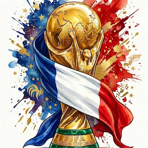 May include: Watercolor illustration of the FIFA World Cup trophy, featuring a golden globe held by two figures. The French flag drapes over the trophy, with blue, white, and red accents. Gold stars and paint splatters complete the design.
