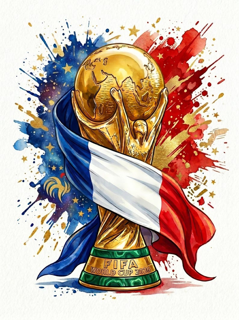 May include: Watercolor illustration of the FIFA World Cup trophy, featuring a golden globe held by two figures. The French flag drapes over the trophy, with blue, white, and red accents. Gold stars and paint splatters complete the design.