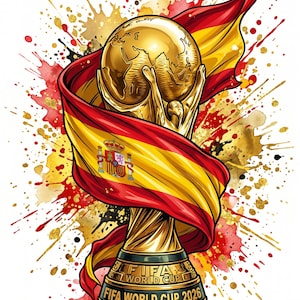 May include: A gold FIFA World Cup trophy with a globe, a figure, and the Spanish flag. The design features red, yellow, and gold accents, with the text "FIFA WORLD CUP 2026".