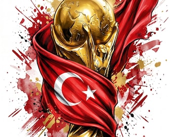 Trofeo della Coppa del Mondo 2026 in Turchia (PNG) / Bandiera turca, illustrazione ad acquerello (Download digitale)