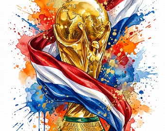 Trofeo della Coppa del Mondo olandese in formato PNG ad acquerello / Design per sublimazione della squadra di calcio olandese (Download digitale)
