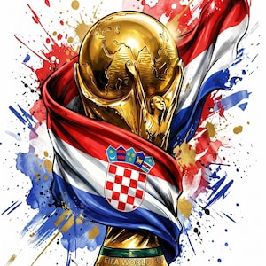 Puede incluir: Un trofeo dorado de la Copa Mundial de la FIFA 2026 con un globo terráqueo sostenido por figuras, envuelto en una bandera croata con su escudo de cuadros rojos y blancos. El diseño está rodeado de salpicaduras de acuarela roja, azul y dorada.