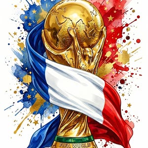 May include: A golden FIFA World Cup trophy with a globe design, wrapped in a French flag. The image features blue, white, and red watercolor splashes and gold star accents. The base of the trophy reads "FIFA WORLD CUP 2026".