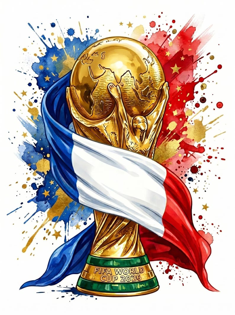 May include: A golden FIFA World Cup trophy with a globe design, wrapped in a French flag. The image features blue, white, and red watercolor splashes and gold star accents. The base of the trophy reads "FIFA WORLD CUP 2026".