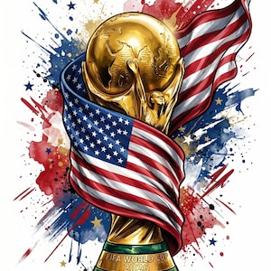 Può includere: Un'illustrazione dorata del trofeo della FIFA World Cup 2026 avvolto in una bandiera degli Stati Uniti che sventola. Il design presenta un globo d'oro metallizzato sostenuto da figure, su uno sfondo di schizzi d'acquerello rosso, bianco e blu.