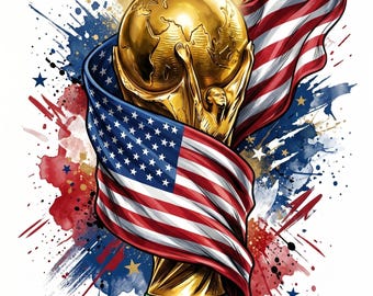 FIFA World Cup 2026 USA Trophy Watercolor PNG, American Flag Soccer Graphic (Digital Download)