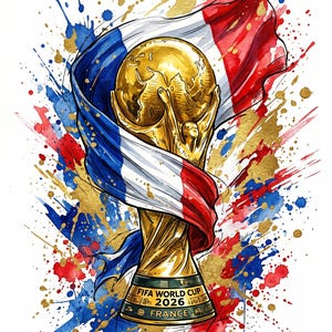 Puede incluir: Ilustración en acuarela del trofeo de la Copa Mundial de la FIFA, envuelto en la bandera francesa. El trofeo dorado presenta un globo terráqueo sostenido por dos figuras. El fondo tiene salpicaduras de pintura roja, azul y dorada, con el texto "FIFA WORLD CUP 2026 FRANCE".