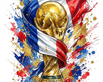 May include: Watercolor illustration of the FIFA World Cup trophy, wrapped in the French flag. The trophy is gold, with a globe held aloft by two figures. The background features red, blue, and gold paint splatters, with the text "FIFA WORLD CUP 2026 FRANCE".