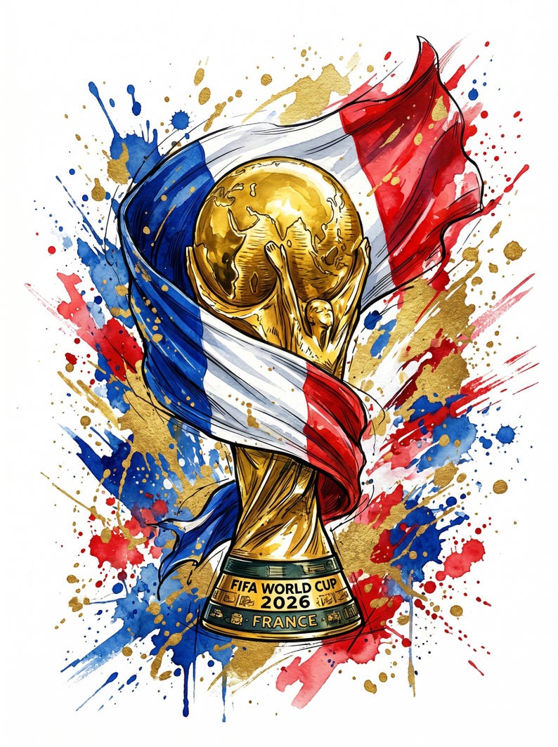 May include: Watercolor illustration of the FIFA World Cup trophy, wrapped in the French flag. The trophy is gold, with a globe held aloft by two figures. The background features red, blue, and gold paint splatters, with the text "FIFA WORLD CUP 2026 FRANCE".
