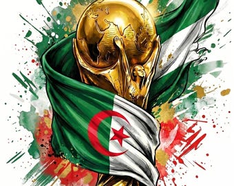 May include: Illustration of the FIFA World Cup trophy with the Algerian flag draped around it. The trophy is gold, and the flag features green, white, and red colors. The text "FIFA WORLD CUP 2026" is on the trophy base.