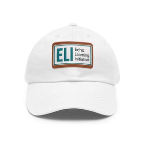 May include: A white baseball cap featuring a rectangular patch on the front. The patch has a brown border and contains the teal text ELI followed by the black text Echo Learning Initiative, all set against a white background with a teal border.