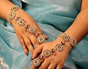 Kundan Haathphool Indian Hand Harness | Red Green Pearl Bridal Wedding Jewelry