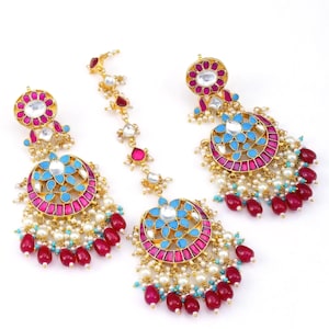 Set tradizionale di orecchini e maang tikka Kundan e Meenakari / Gioielli etnici indiani da sposa / Set da sposa di grande effetto rosso rubino e blu