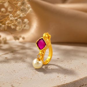 Gold-Plated Ruby Pearl Nose Pin | Traditional Indian Bridal Jewelry