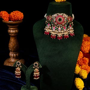 Royal Navratna-Inspired Kundan Choker Set with Meenakari Work & Ruby-Red Drop Jhumkas