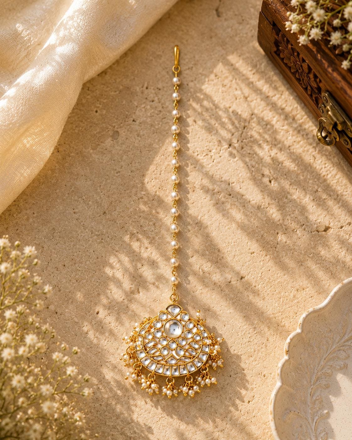 Traditional Kundan Maang Tikka with Pearls Gold-Toned Bridal Headpiece