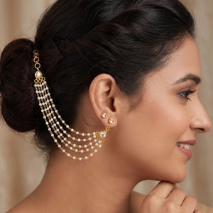 Chaîne d'oreille de mariée en perles, Kundan Sahara multicouche, accessoire de mariage plaqué or