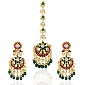 Set di orecchini Maang Tikka Royal Kundan / Gioielli da sposa rosso rubino e verde smeraldo / Set di gioielli tradizionali indiani per matrimoni, perfetto per le feste