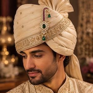 Koninklijke bruidegom Kalgi tulband broche | Vergulde Kundan Safa speld, robijn smaragd Pagdi broche
