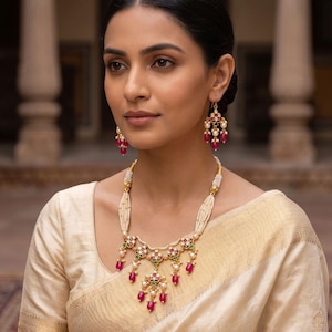 Parure nuptiale indienne, parure de collier feston royal Meenakari Kundan avec gouttes rose rubis