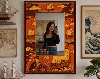 Japonisme Ship Captain Mirror - Digital Print Wall Art | Plexi Silver Mirror | Oriental Home Decor in Burnt Orange