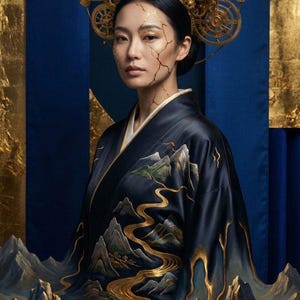 May include: A woman wearing a black kimono with a mountain and river design, adorned with a golden cogwheel headpiece. Gold accents are painted on her face and the background features gold and blue panels, creating a striking visual contrast.