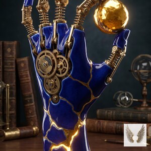 Puede incluir: Una escultura de mano mecánica azul y dorada sosteniendo una esfera dorada. La mano presenta intrincados detalles de engranajes y resortes, con acentos dorados que resaltan las grietas en la cerámica azul. El fondo incluye libros y un globo.