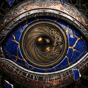 May include: A detailed steampunk-style eye illustration. The eye features a blue iris with gold cracks, a camera lens-like pupil, and intricate metallic gears. The text "THE EYE SEES" is at the top, and "Shop Now on Etsy" is at the bottom.