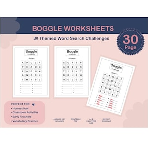 Op de afbeelding: Een set van 30 Boggle-werkbladen met thematische woordzoekers. De pagina's bevatten rasters met letters, lege regels voor antwoorden en kopteksten voor fruit, dieren en school. Het ontwerp heeft een roze en donkerblauw kleurenschema.