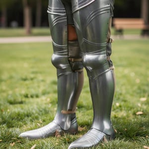 May include: Polished silver metal leg armor, featuring articulated plates for flexibility. The armor covers the legs from the feet to the upper thighs, with visible buckles and straps. The image is set against a backdrop of green grass and trees.