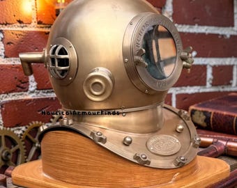 Vintage Diving Helmet Replica with Wooden Base | US Navy Mark V Style Maritime Decor
